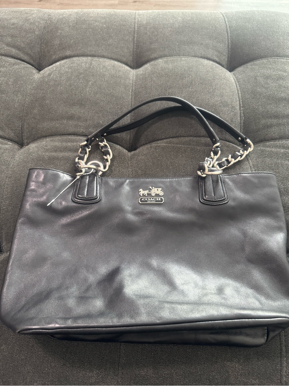Maddison Coach Black Leather Tote Bag with Chain-Accent Straps